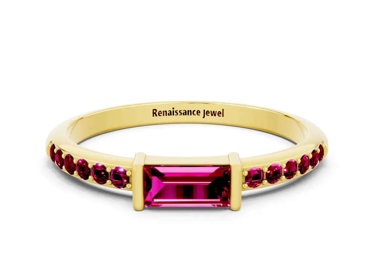 Baguette Garnet Pavé Band with Bar Setting Yellow gold