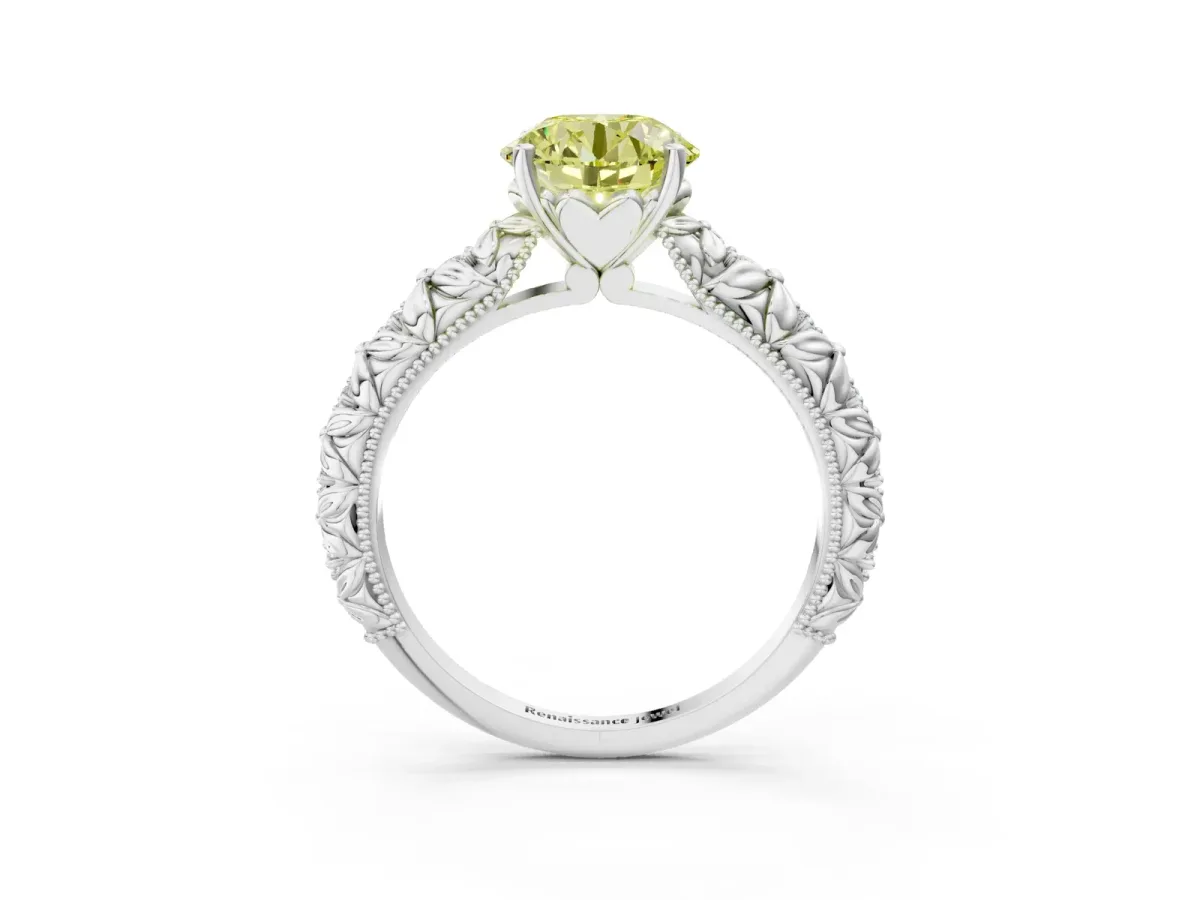 Fancy Yellow Round Cut Solitaire Floral Milgrain Engagement Ring Silver