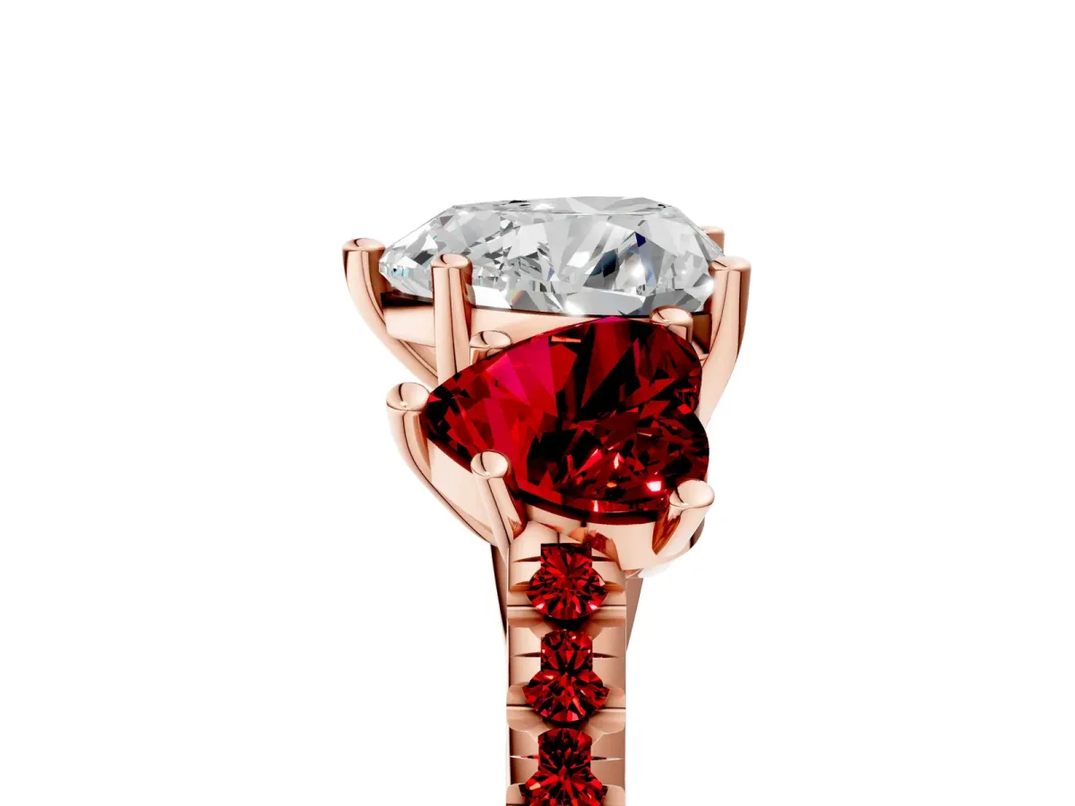 Three-Stone Heart Cut Diamond Ring with Round Ruby Pavé Band and Prong Setting Rose gold