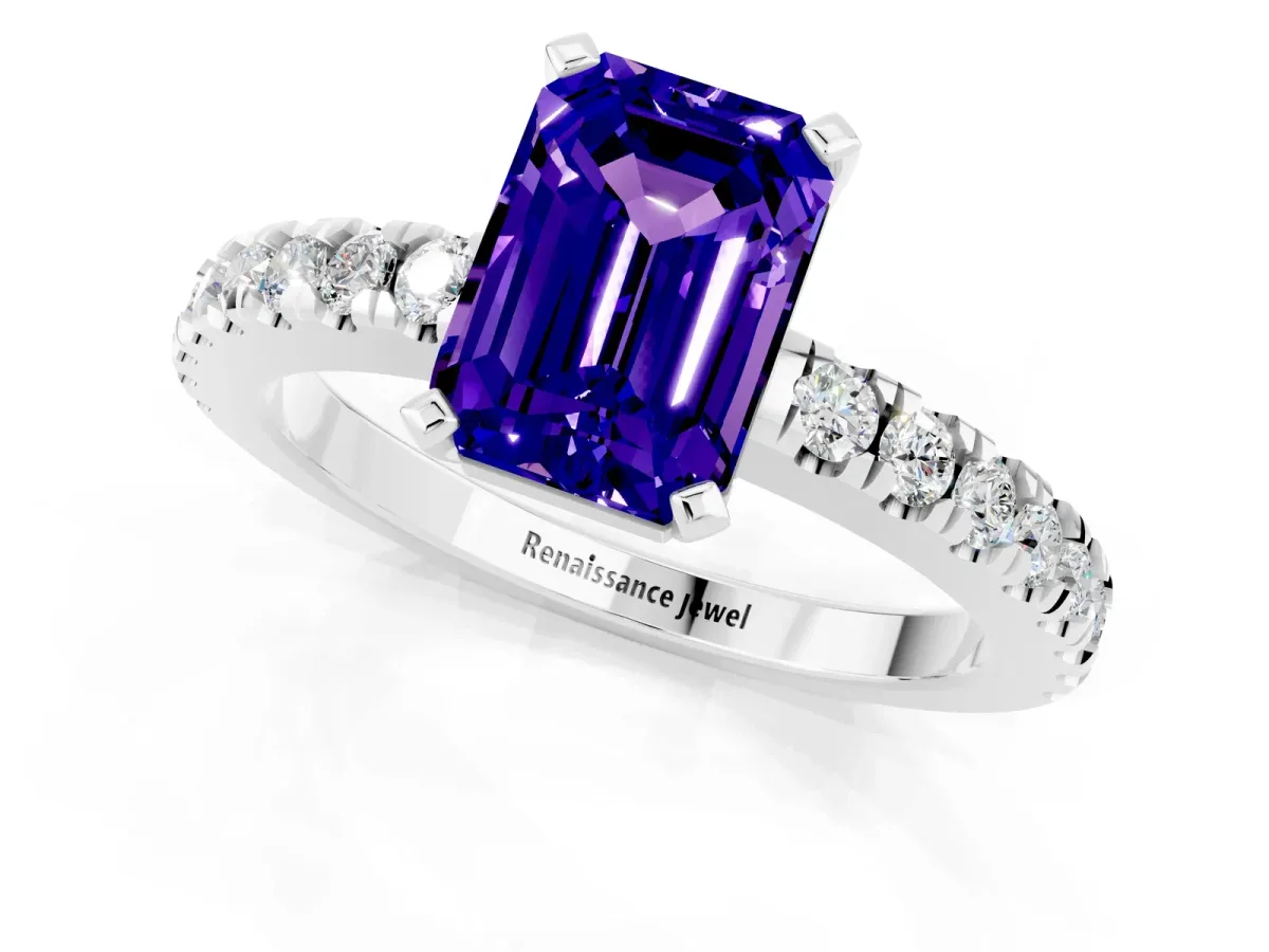 Emerald Cut Solitaire Tanzanite with Pavé Band and Four-Prong Setting Silver