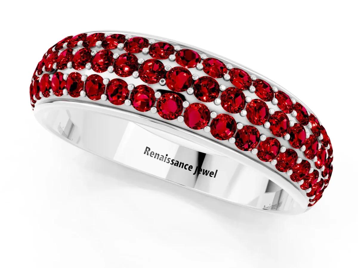 Three-Row Round Ruby Eternity Band with Shared Prong Setting White gold