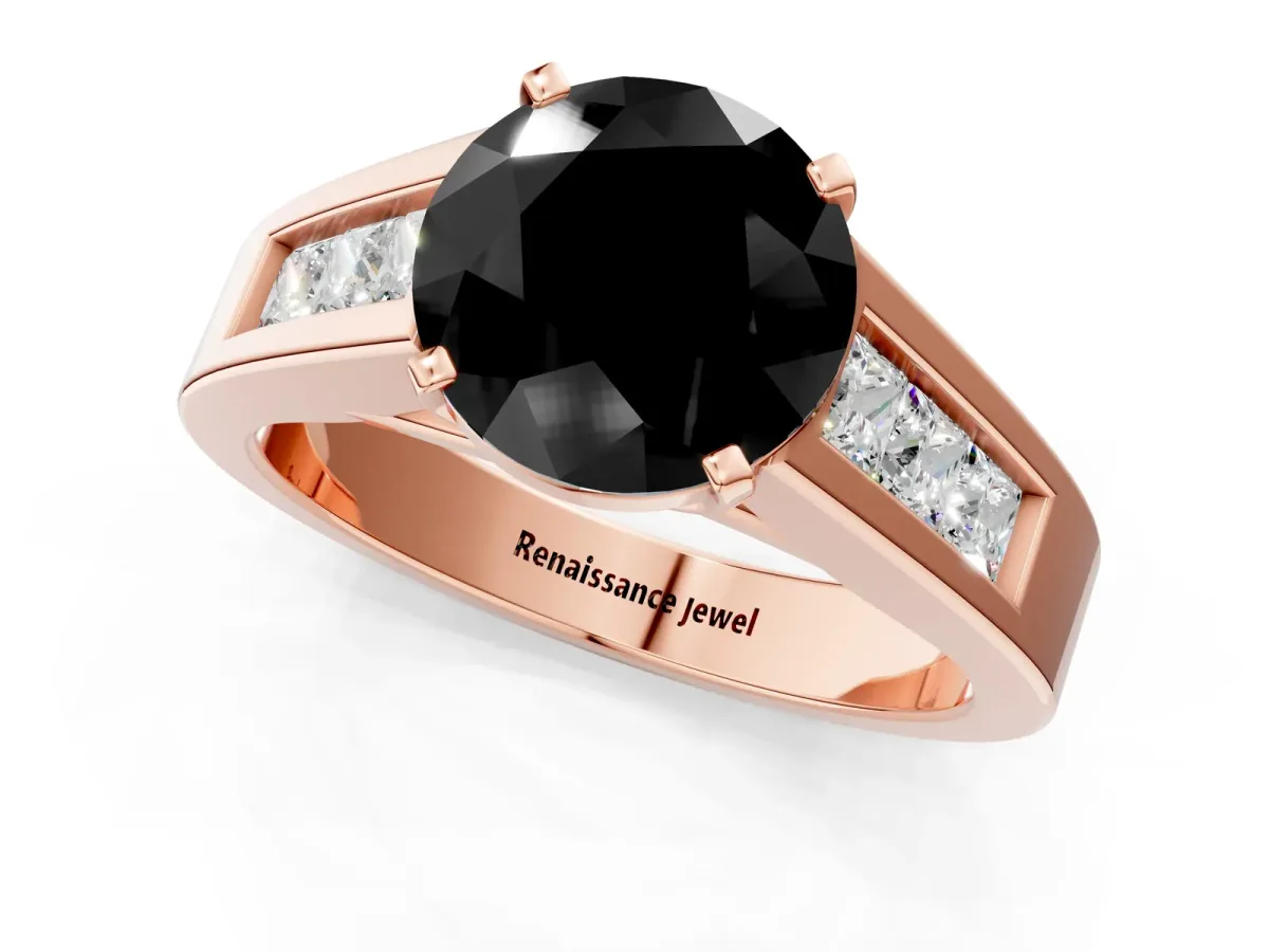 Fancy Black Round Cut Cut Channel Set Solitaire Ring with Four-Prong Setting Rose gold