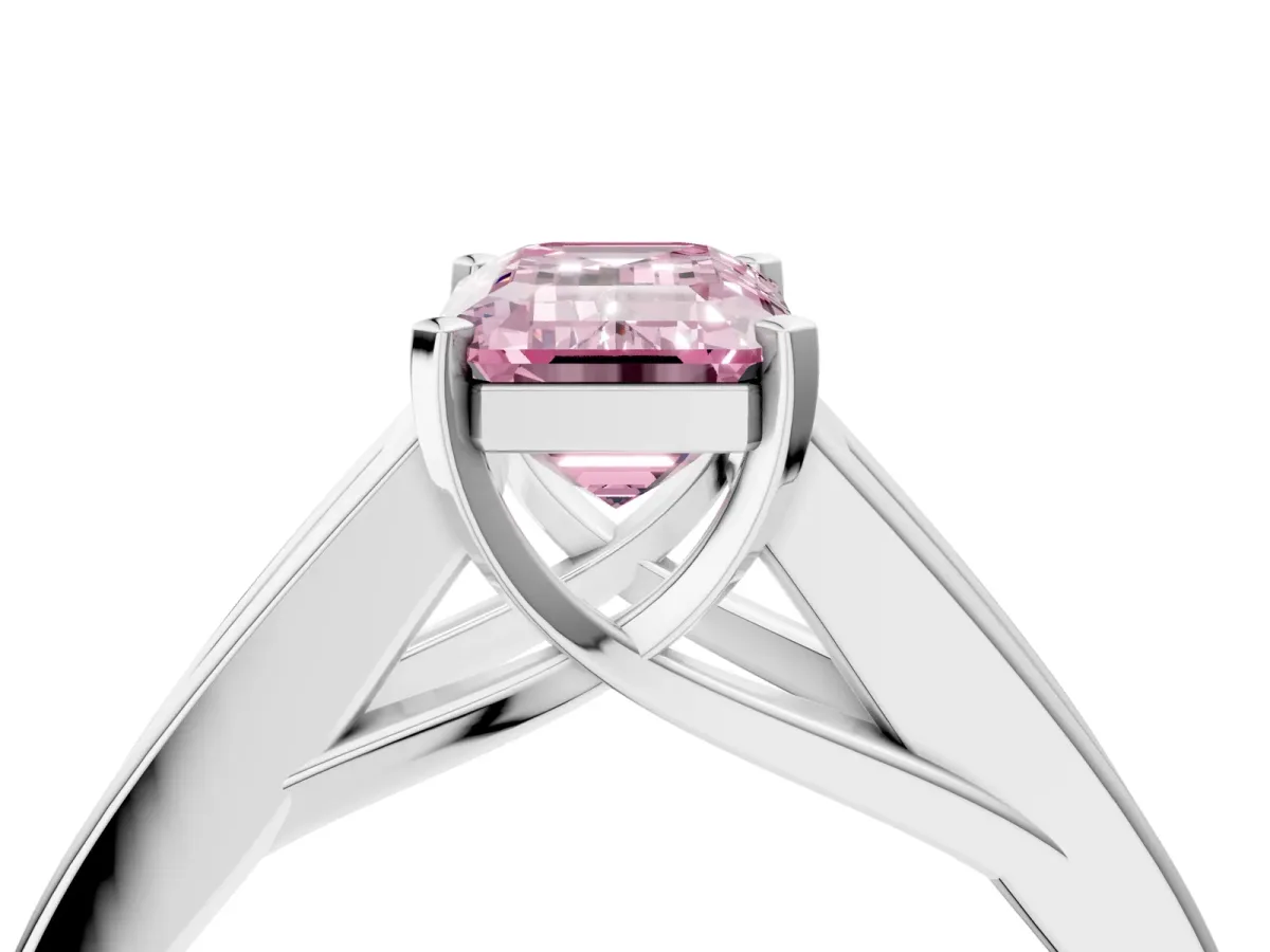 Fancy Pink Emerald Cut Cut Channel Set Solitaire Ring with Four-Prong Setting Silver