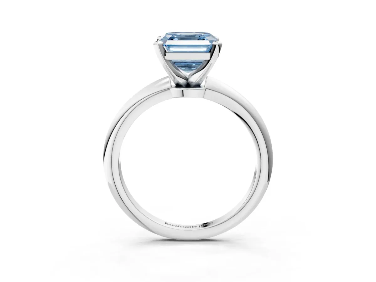 Fancy Blue Asscher Cut Diamond Solitaire Ring with Six-Prong Setting and Classic Band Silver