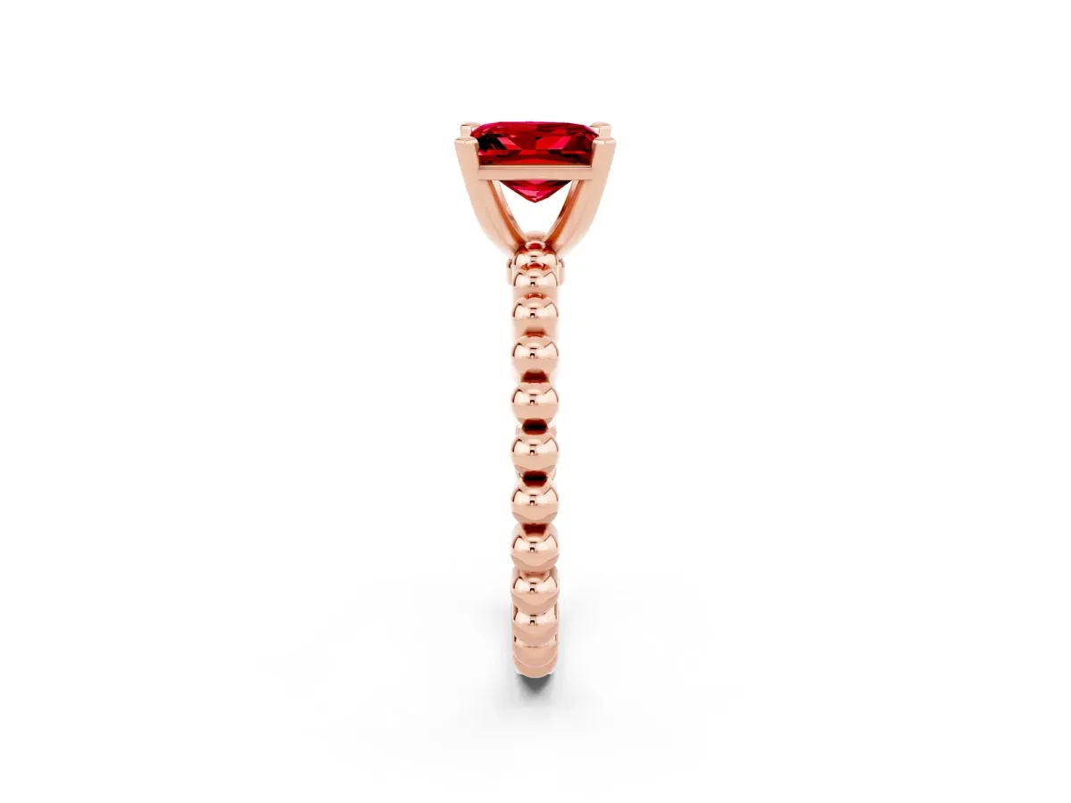 Princess Cut Ruby Solitaire Ring with Beaded Band and Prong Setting Rose gold