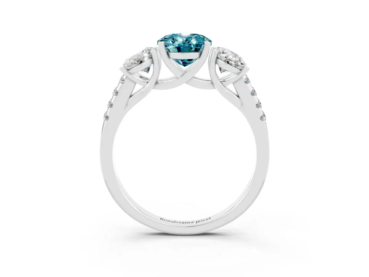 Three-Stone Oval Cut Blue Topaz Ring with Round Pavé Band and Prong Setting Platinum