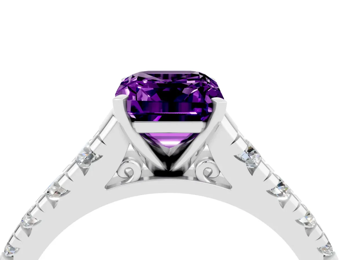Emerald Cut Amethyst Cathedral Solitaire Ring with Round Pavé Band Platinum