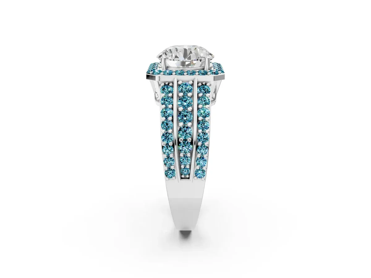 Round Cut Halo Diamond Ring with Round Blue Topaz Split Shank and Prong Setting Silver