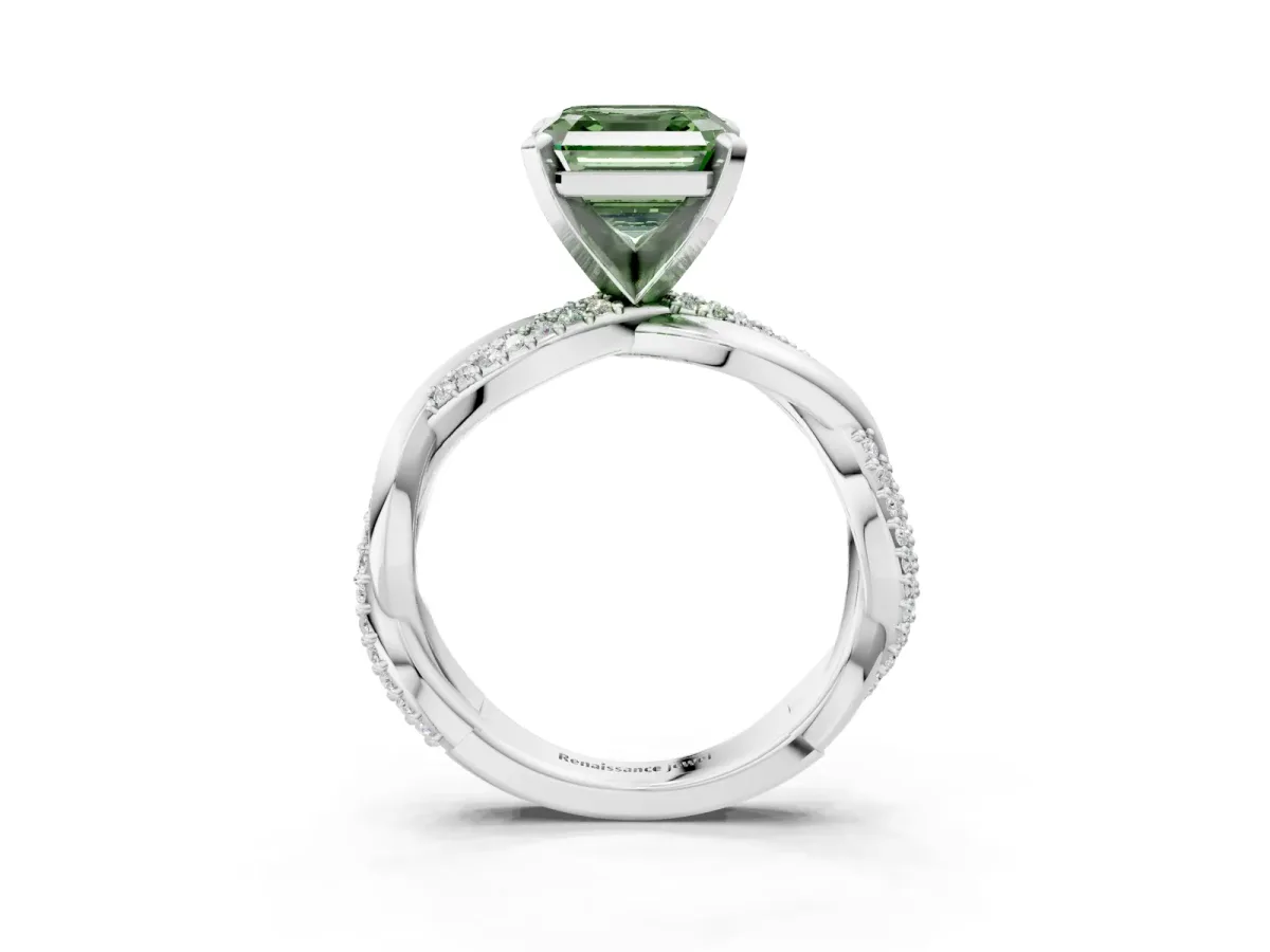 Fancy Green Asscher Cut Solitaire Twist Band with Pave Prong Setting Platinum