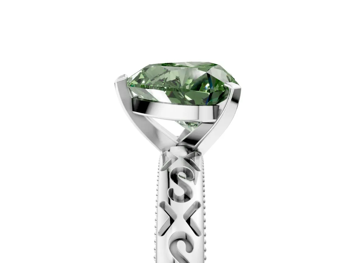 Fancy Green Heart Cut Solitaire Engagement Ring with Scrollwork Band and Four-Prong Setting Platinum