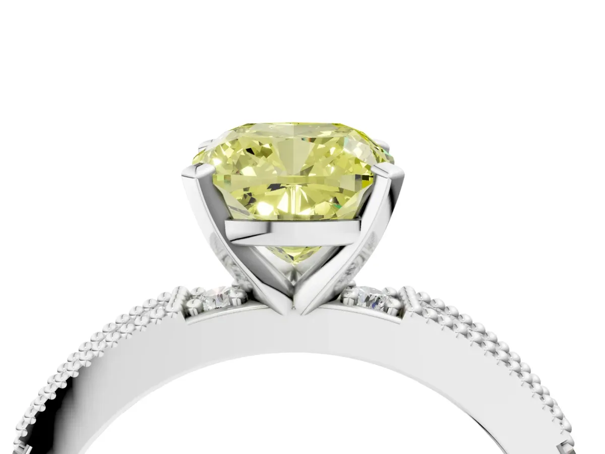 Fancy Yellow Cushion Cut Solitaire with Pavé Band and Four-Prong Setting Silver