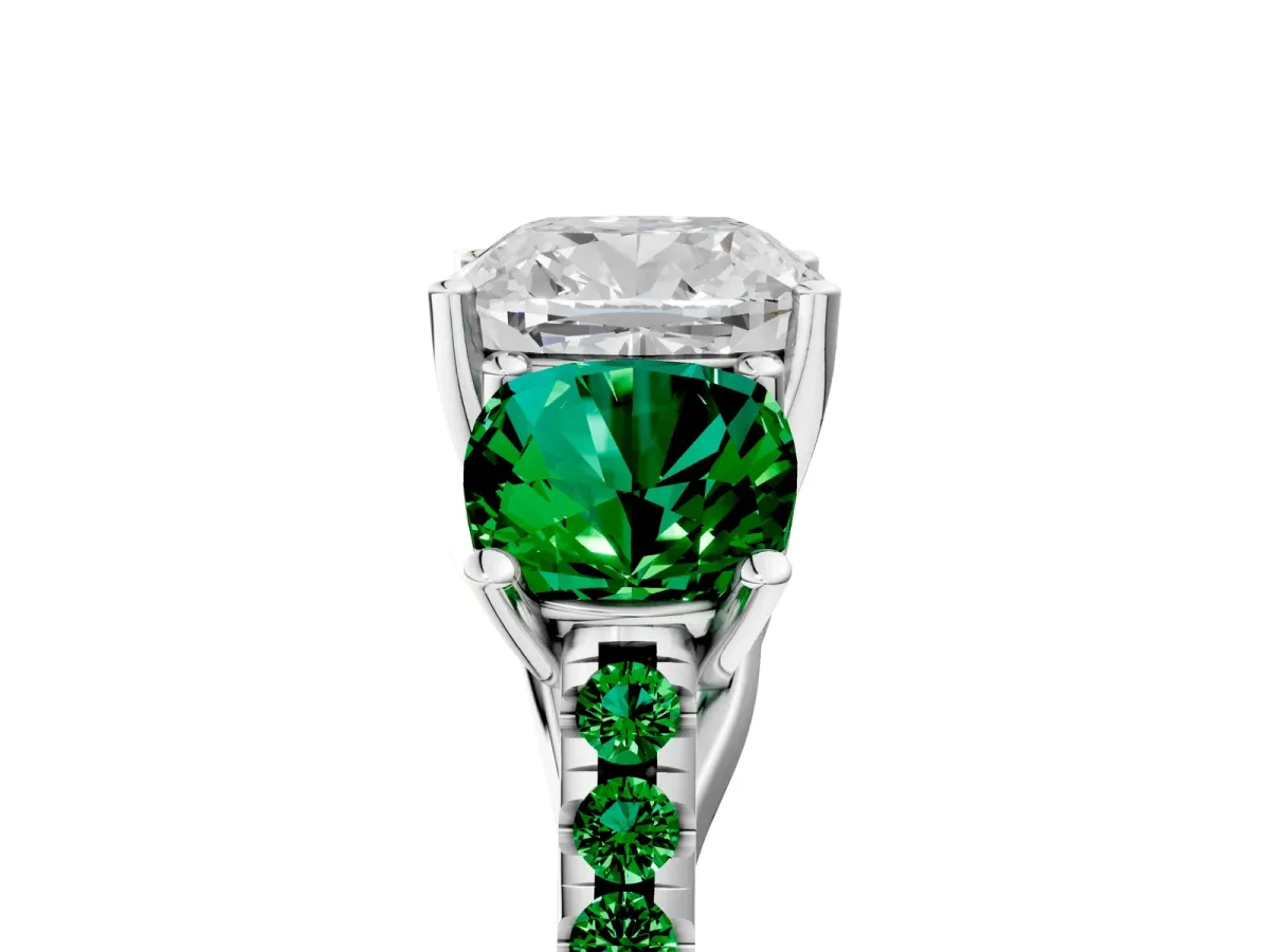 Three-Stone Cushion Cut Diamond Ring with Round Emerald Pavé Band and Prong Setting Platinum