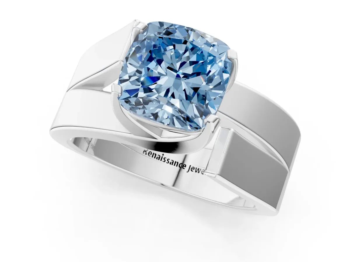 Fancy Blue Modern Tension Set Cushion Cut Diamond Solitaire Wide Band Ring Silver