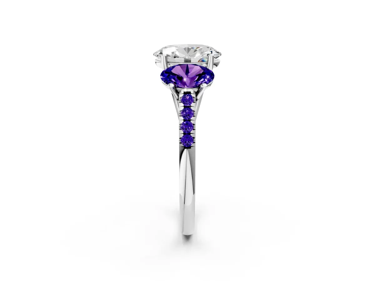 Three-Stone Oval Cut Diamond Ring with Round Tanzanite Pavé Band and Prong Setting Silver