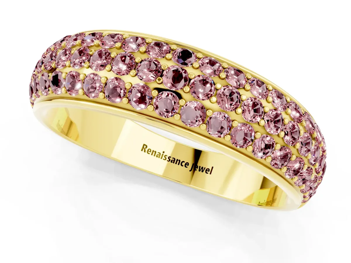 Three-Row Round Morganite Eternity Band with Shared Prong Setting Yellow gold