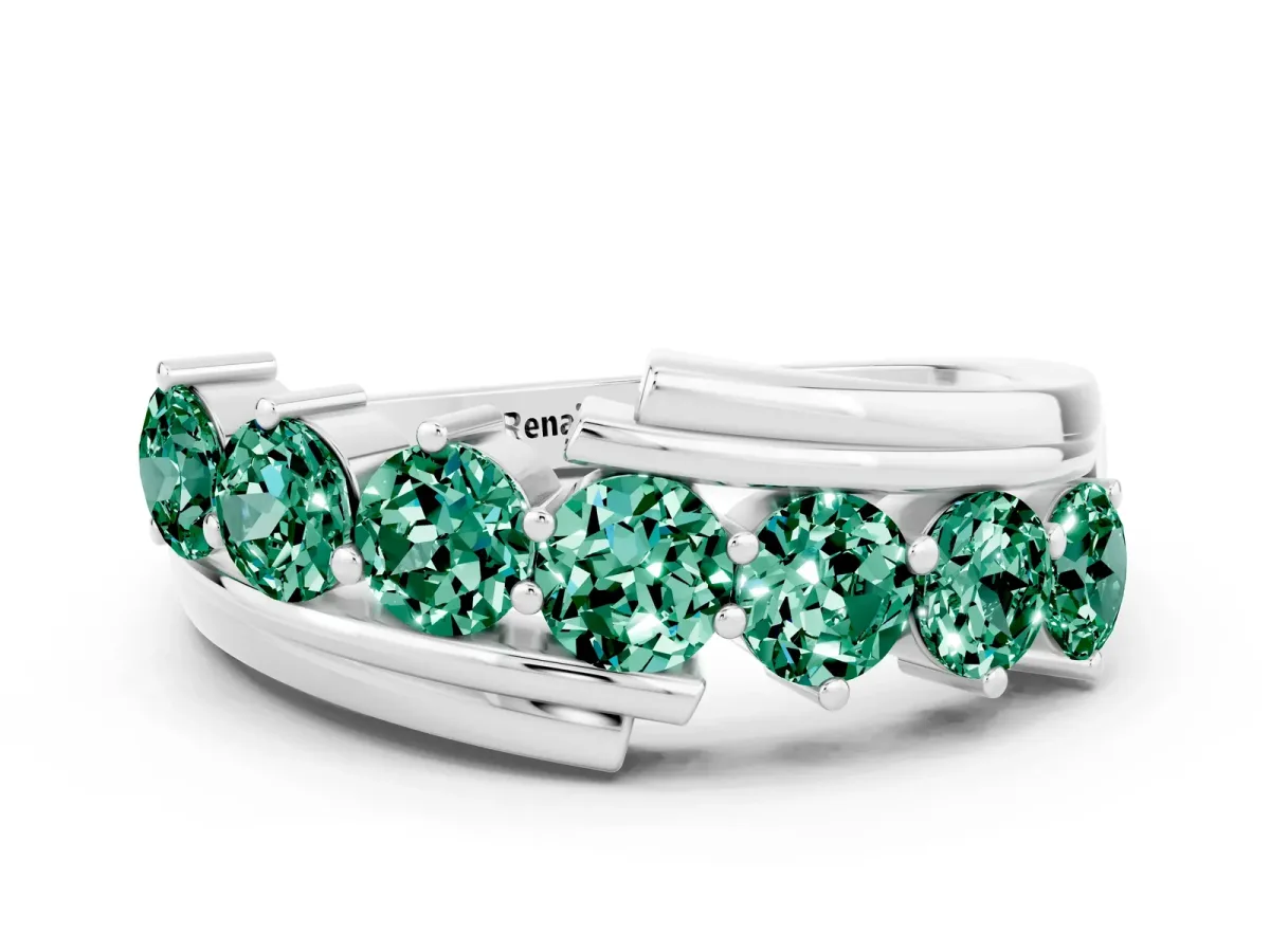 Round Green Sapphire Wave Band with Channel and Shared Prong Setting Silver