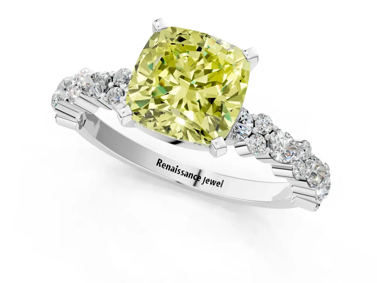 Fancy Yellow Cushion Cut Diamond Side Stone Solitaire Ring with Round and Four-Prong Setting Platinum