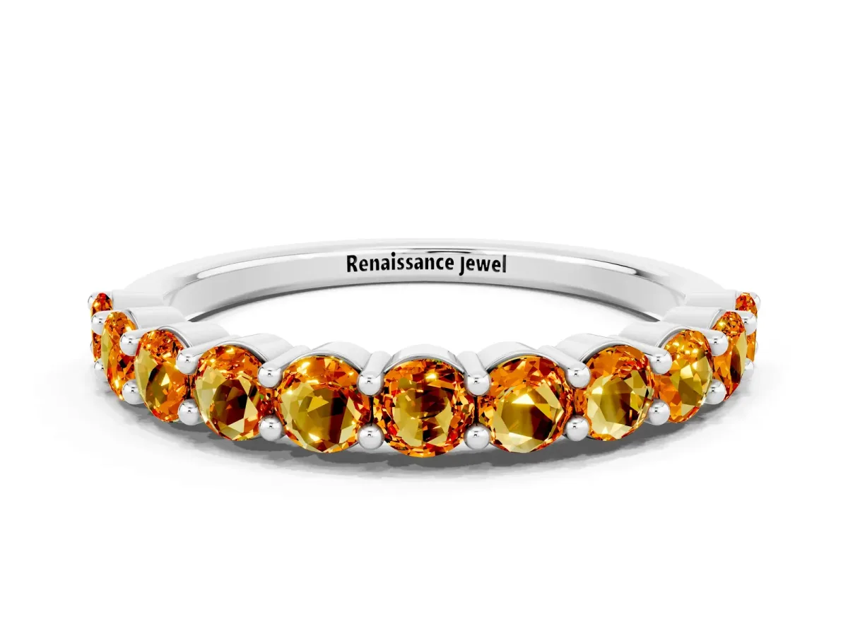 Round Citrine Half Eternity Band with Prong Setting Platinum