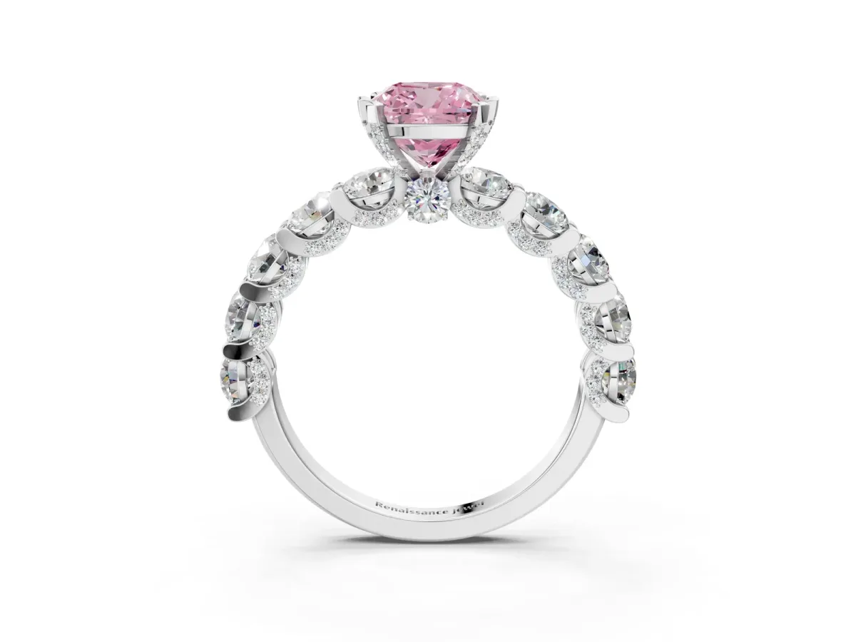 Fancy Pink Cushion Cut Diamond Side Stone Engagement Ring with Four-Prong Setting Silver