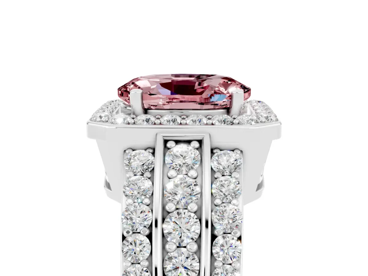 Oval Cut Halo Morganite Ring with Round Split Shank and Prong Setting Silver