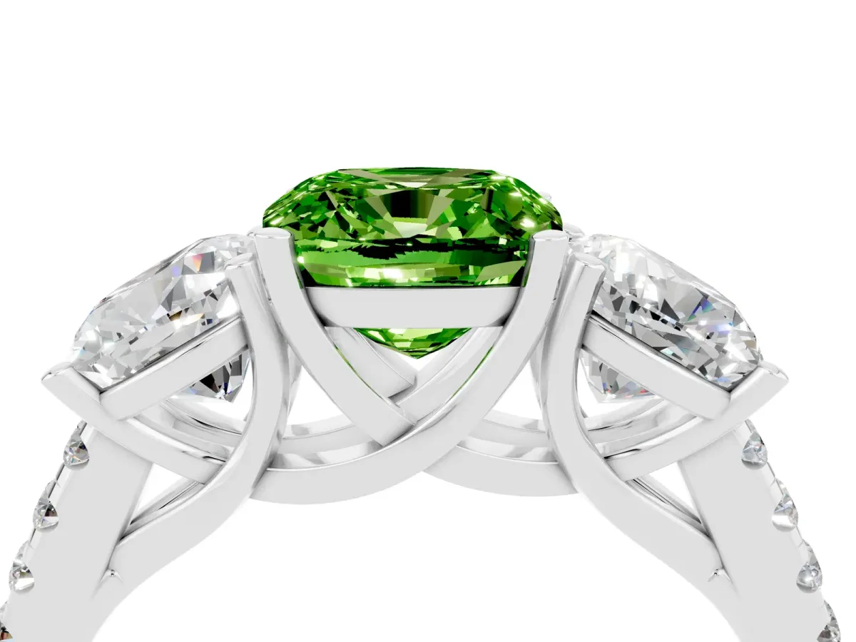 Three-Stone Cushion Cut Peridot Ring with Round Pavé Band and Prong Setting Silver