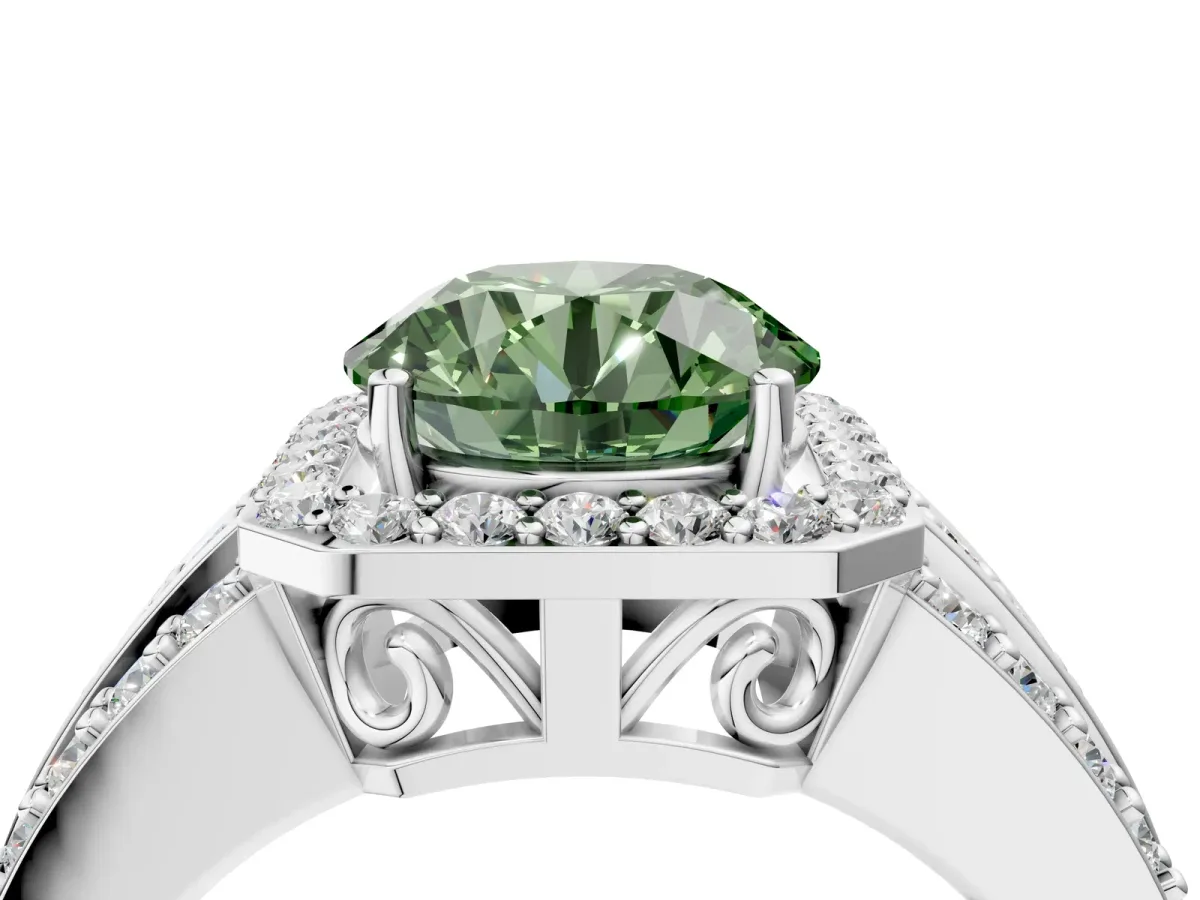 Fancy Green Round Cut Halo Diamond Ring with Round Split Shank and Prong Setting Platinum