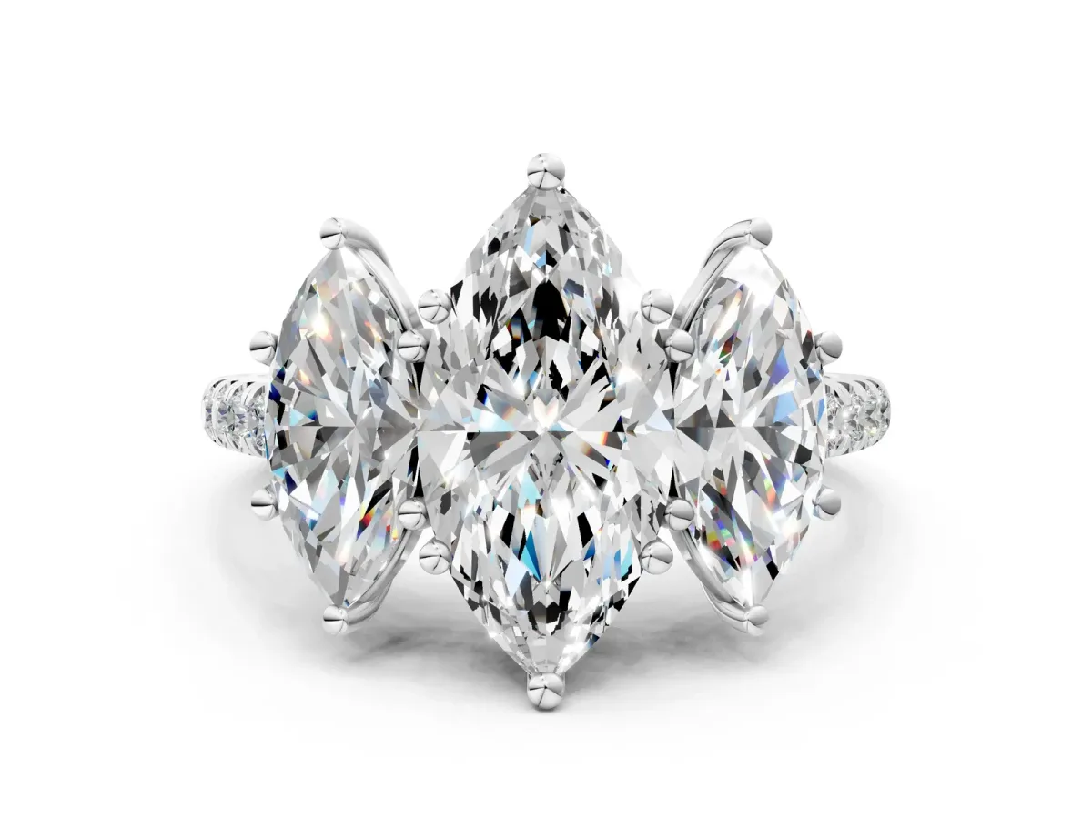 Three-Stone Marquise Cut Diamond Ring with Round Pavé Band and Prong Setting Platinum