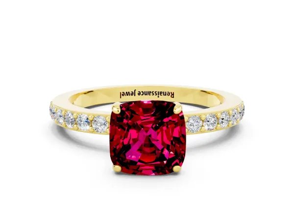 Cushion Cut Garnet Solitaire Engagement Ring with Pavé Band and Four-Prong Setting Yellow gold