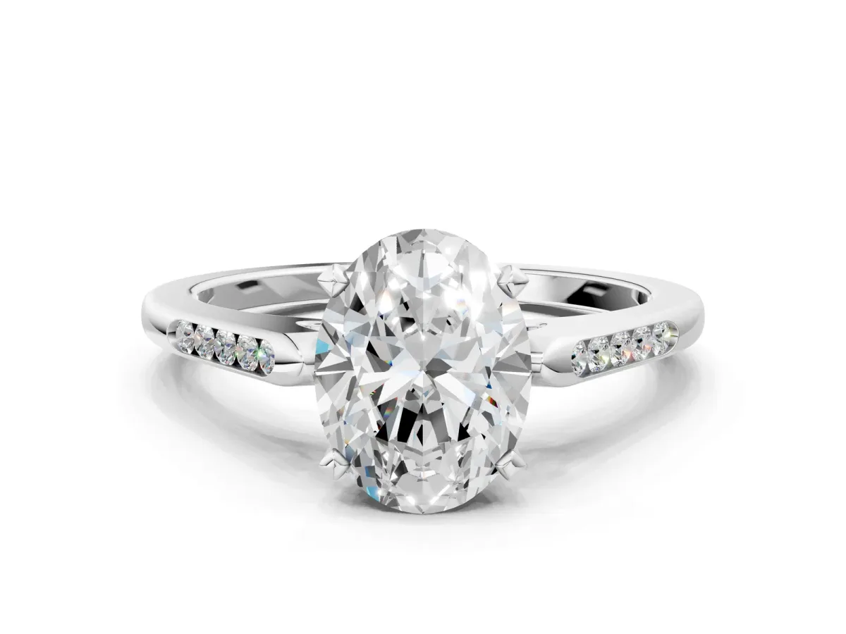 Oval Cut Diamond Solitaire Ring with Channel Set Round Band and Prong Setting Silver