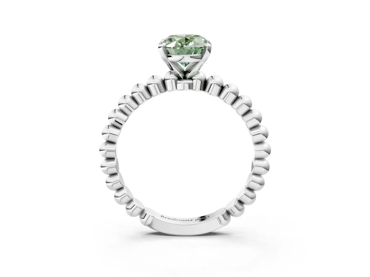 Fancy Green Oval Cut Diamond Solitaire Ring with Beaded Band and Prong Setting Silver