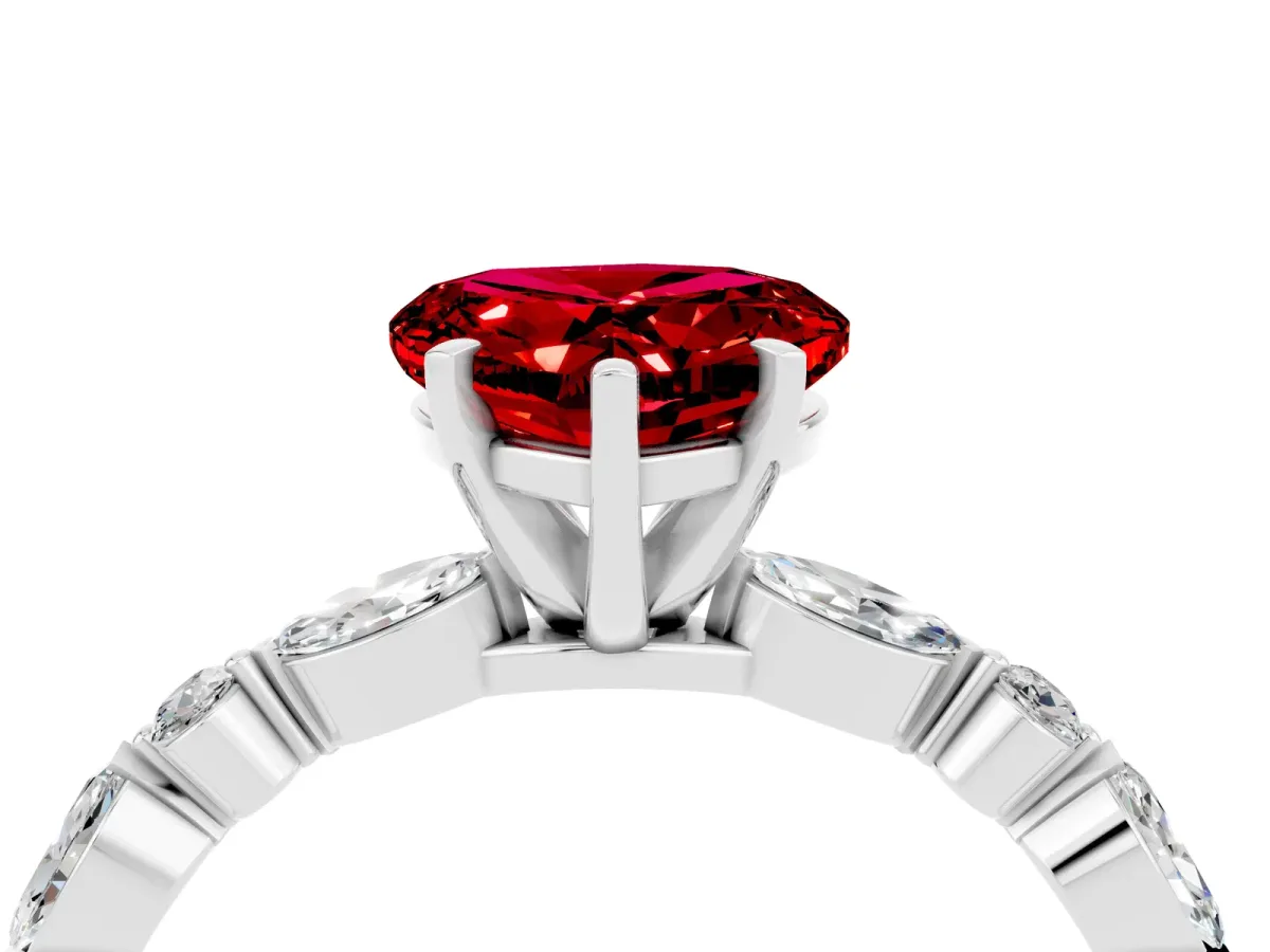 Heart Cut Ruby Ring with Marquise and Round Side Stones and Four-Prong Setting Platinum
