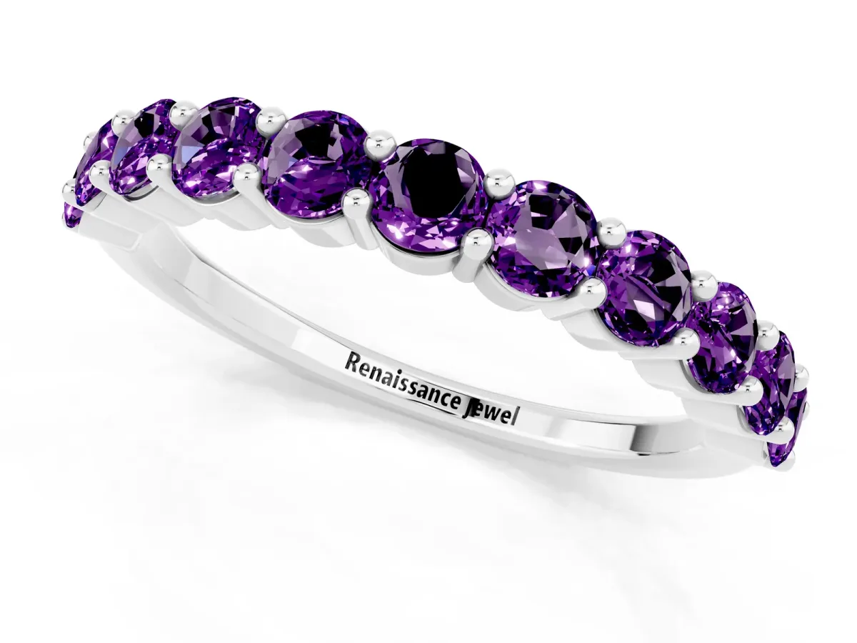 Round Amethyst Half Eternity Band with Prong Setting Platinum