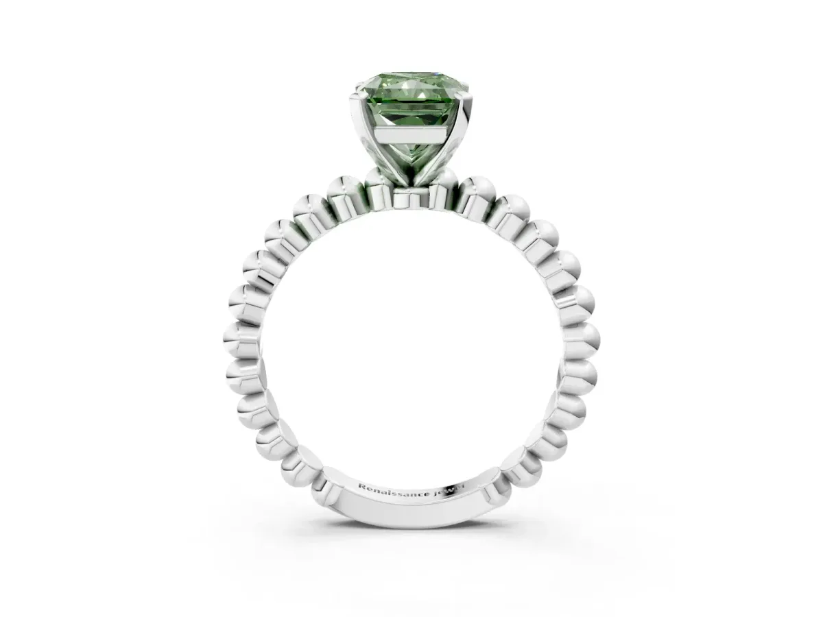 Fancy Green Radiant Cut Diamond Solitaire Ring with Beaded Band and Prong Setting Silver