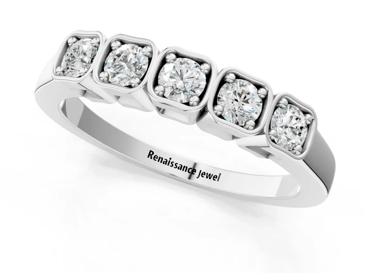 Five-Stone Round Diamond Bezel Set White Gold Band Silver