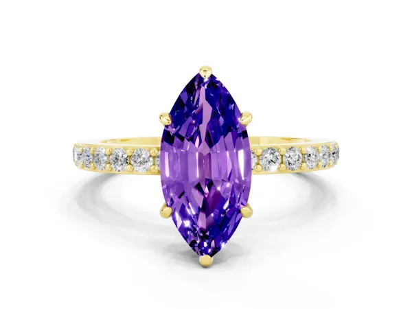 Marquise Cut Tanzanite Solitaire Engagement Ring with Pavé Band and Four-Prong Setting Yellow gold