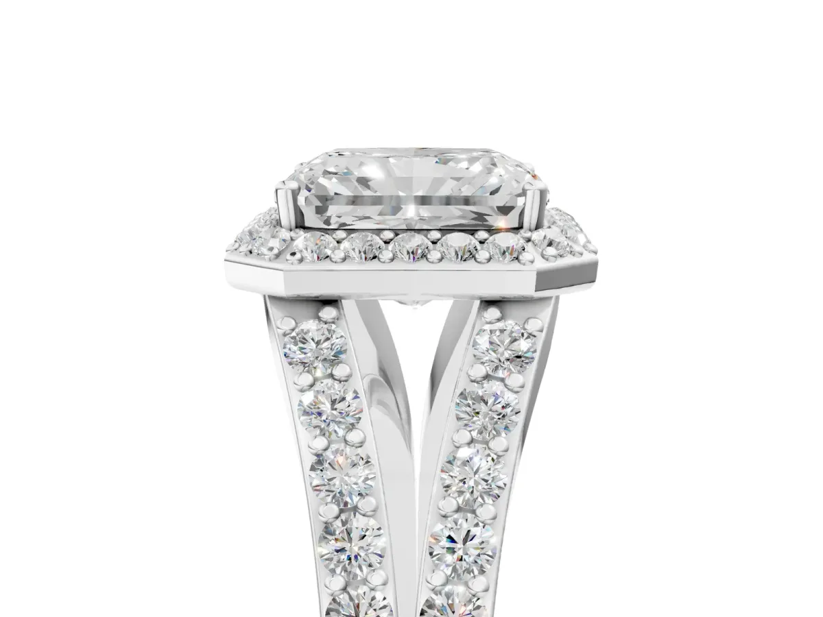 Radiant Cut Diamond Split Shank Halo Ring with Four-Prong Setting Platinum
