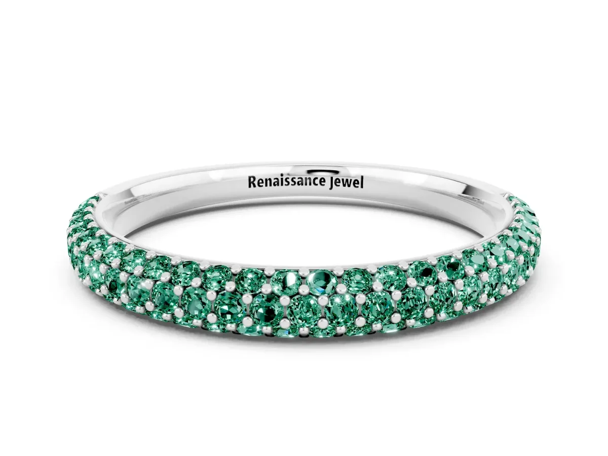 Round Green Sapphire Pavé Eternity Band with Shared Prong Setting Silver