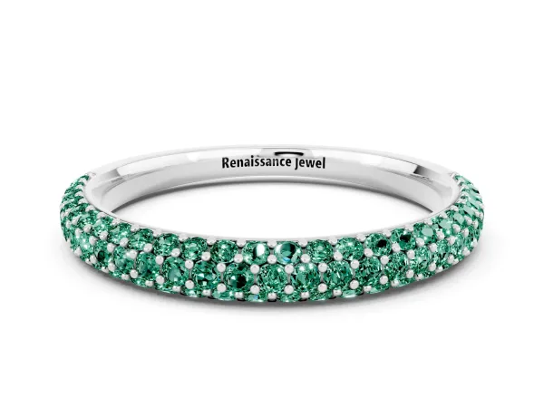 Round Green Sapphire Pavé Eternity Band with Shared Prong Setting White gold