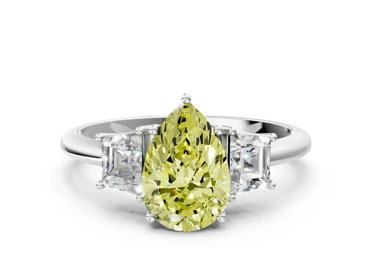 Fancy Yellow Pear Cut Diamond Three-Stone Ring with Trapezoid Side Stones and Prong Setting Platinum