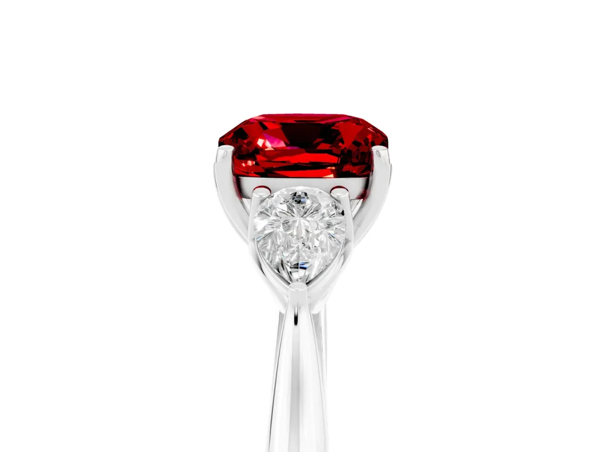 Three-Stone Cushion Cut Ruby Ring with Pear Side Stones in Four-Prong Setting White gold