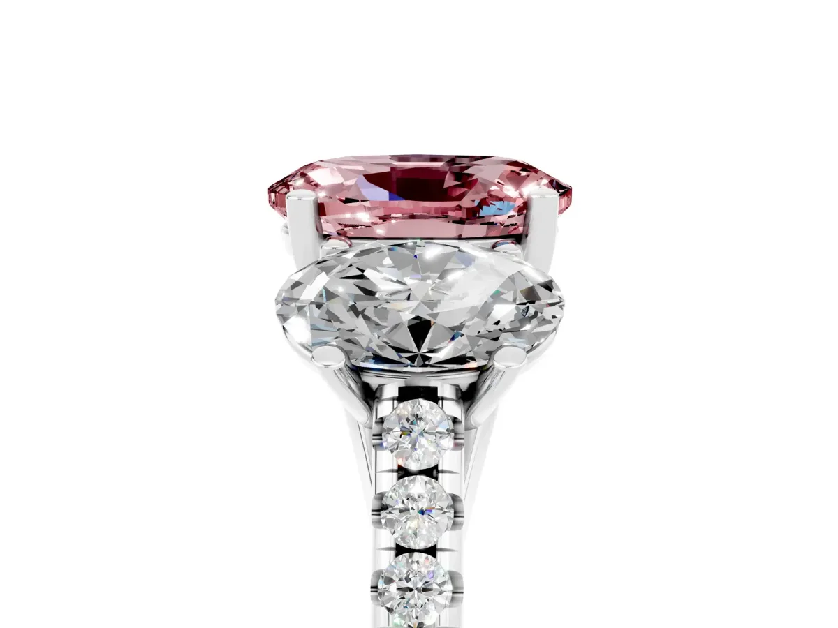 Three-Stone Oval Cut Morganite Ring with Round Pavé Band and Prong Setting Silver