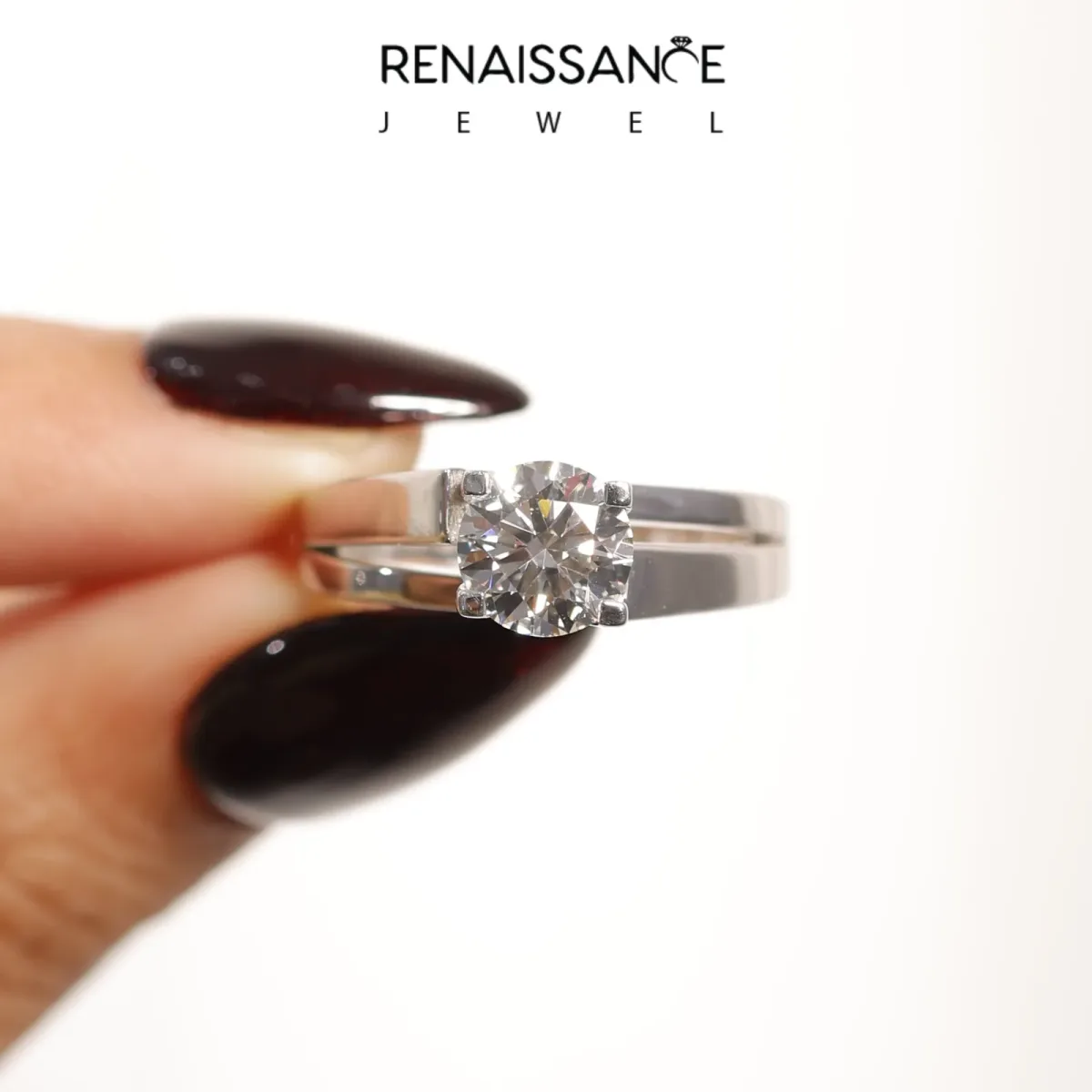 Modern Tension Set Round Cut Diamond Solitaire Wide Band Ring Silver