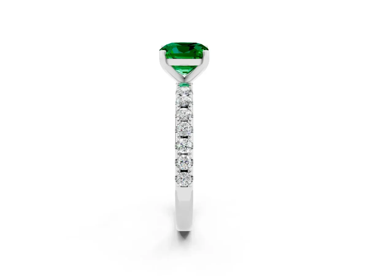 Cushion Cut Emerald Solitaire Pavé Band with Four-Prong Setting White gold