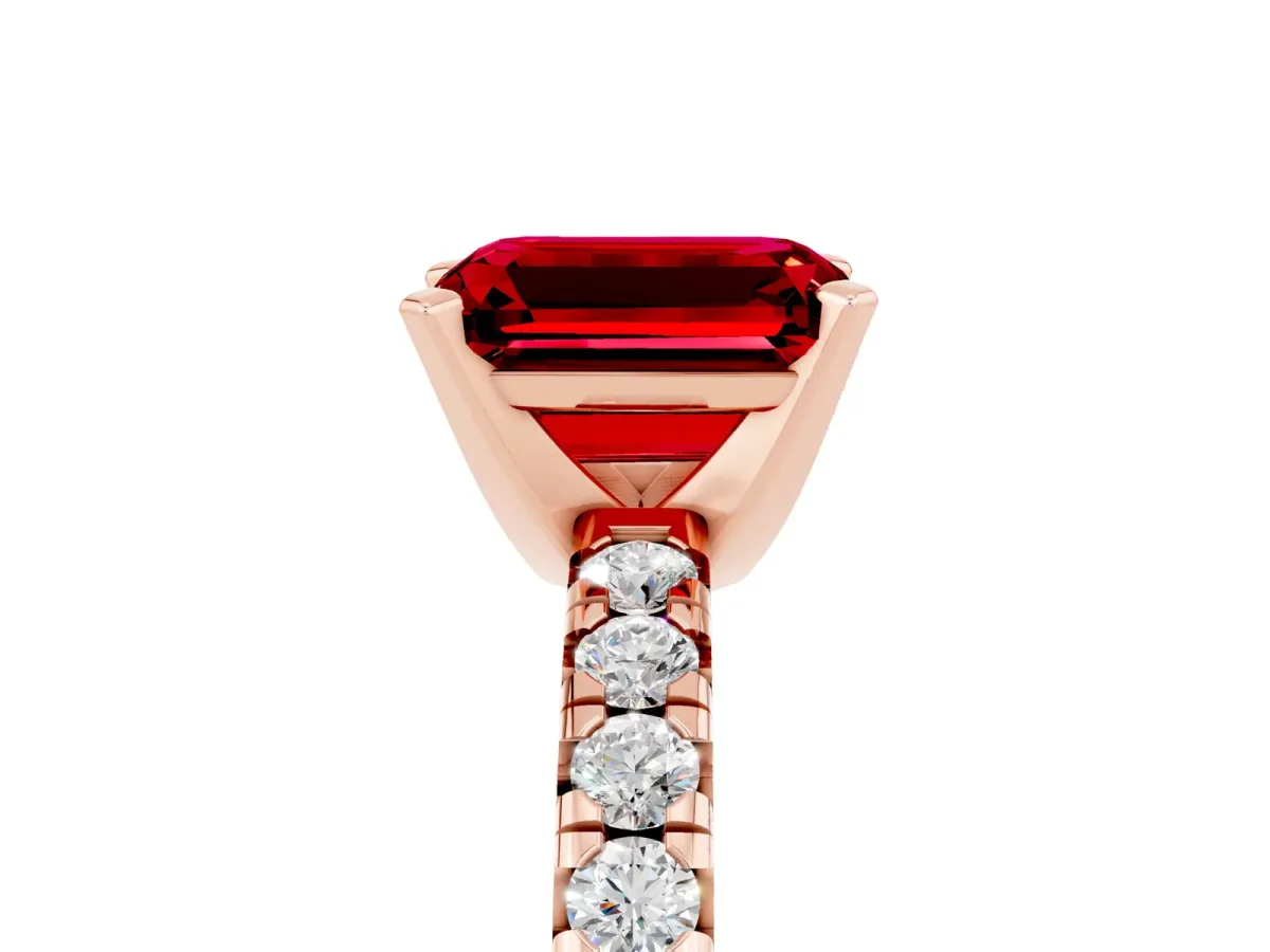 Emerald Cut Ruby Solitaire Pavé Engagement Ring with Round Band and Prong Setting Rose gold