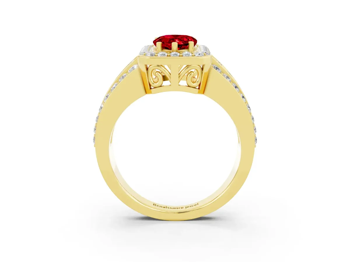 Pear Cut Halo Ruby Ring with Round Split Shank and Prong Setting Yellow gold