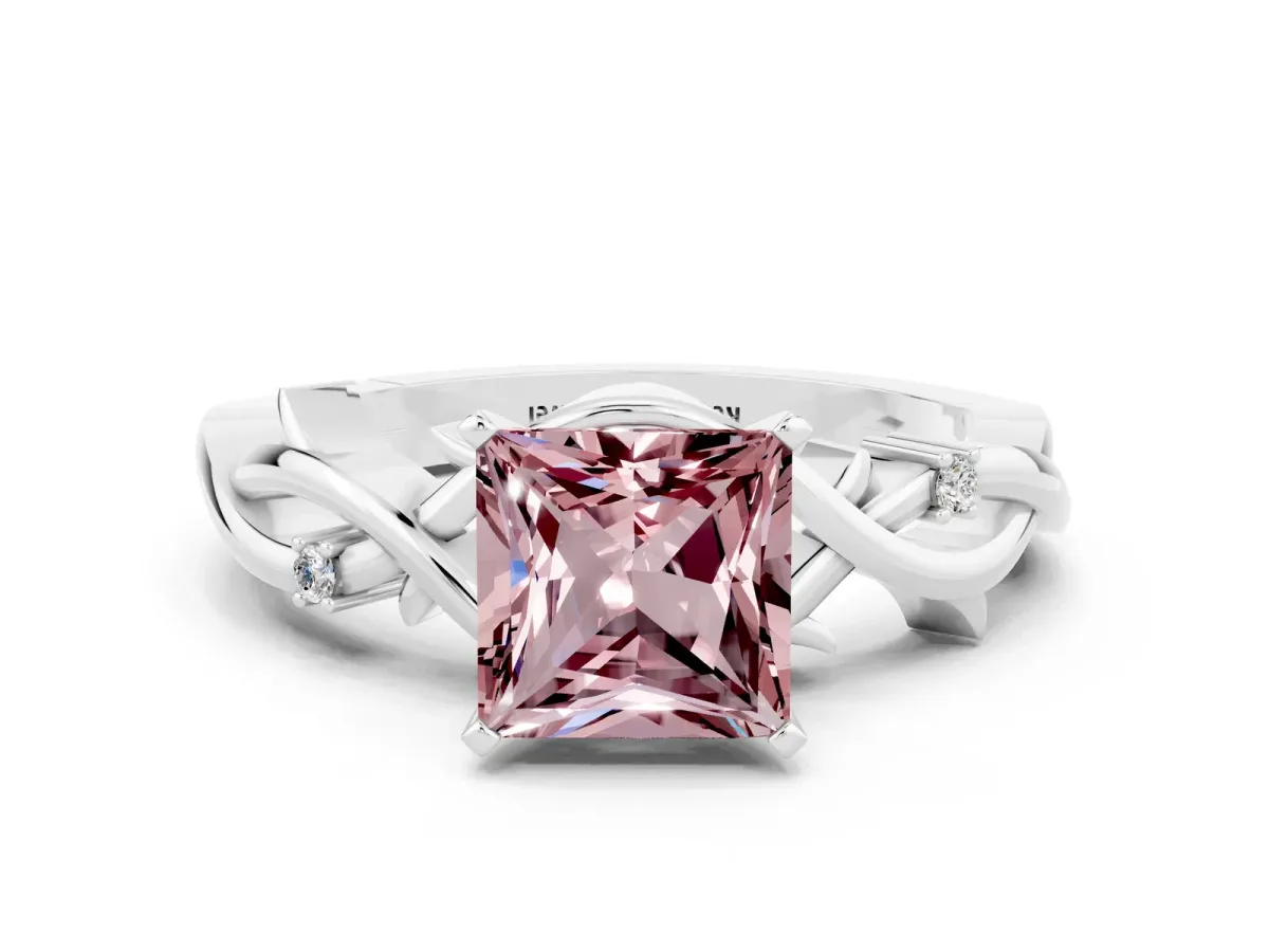 Princess Cut Morganite Solitaire Ring with Twisted Band and Prong Setting Silver