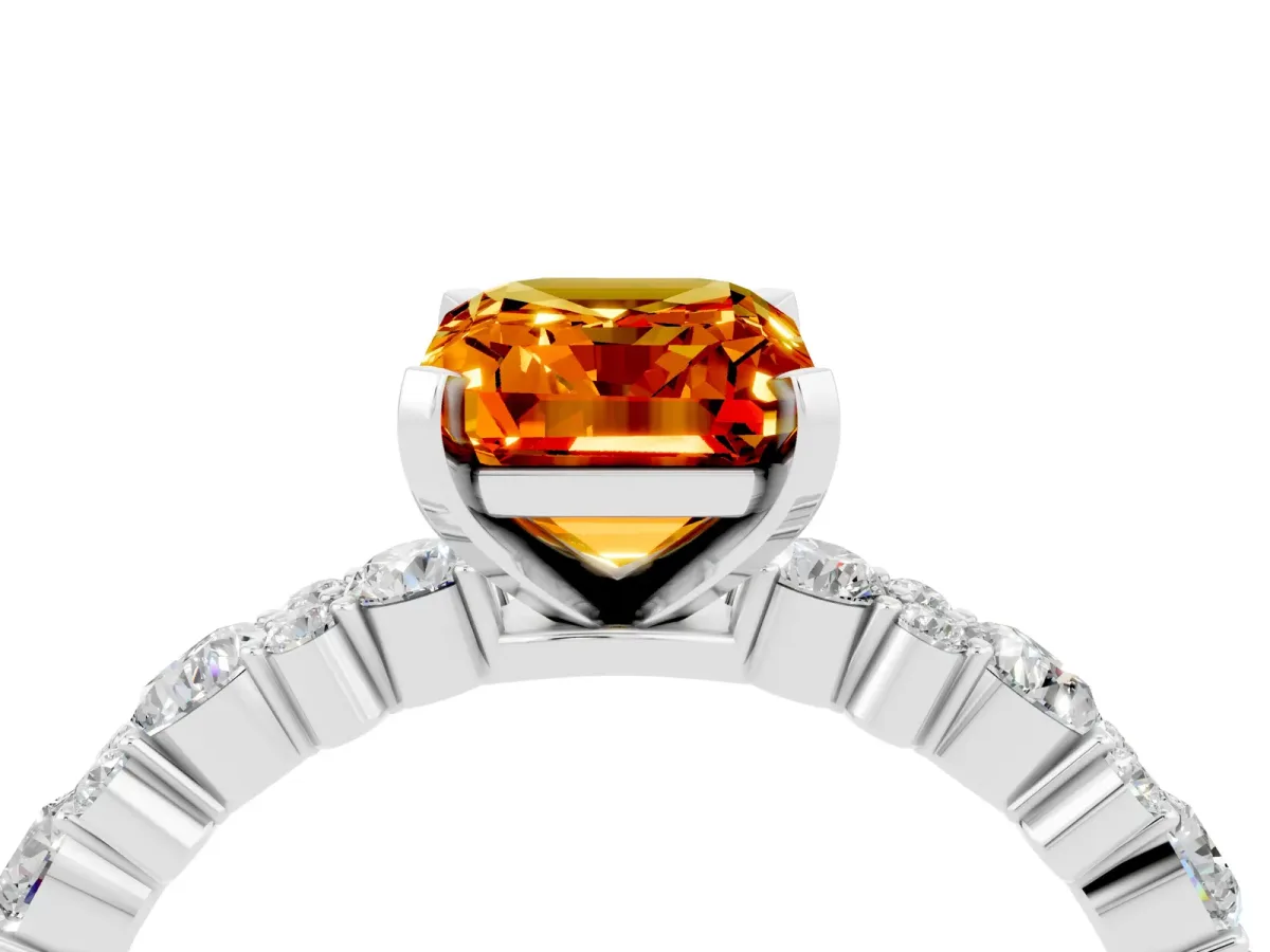 Emerald Cut Citrine Side Stone Solitaire Ring with Round and Four-Prong Setting White gold