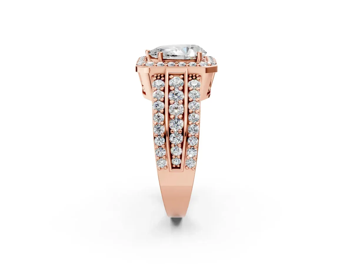 Pear Cut Halo Diamond Ring with Round Split Shank and Prong Setting Rose gold
