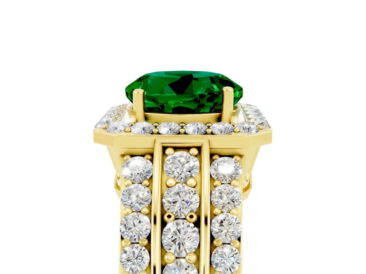 Round Cut Halo Emerald Ring with Round Split Shank and Prong Setting Yellow gold