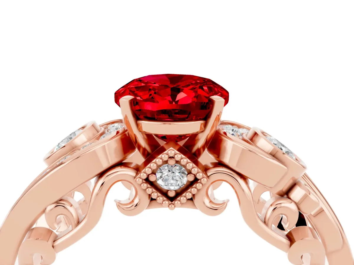 Oval Cut Ruby Solitaire Ring with Milgrain Pavé Band and Four-Prong Setting Rose gold